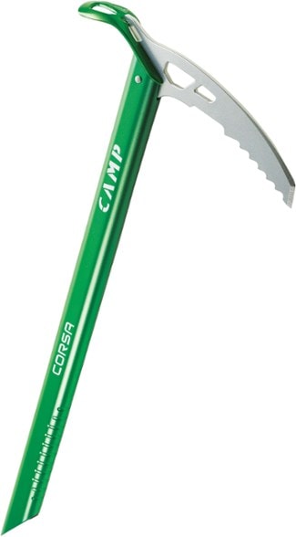 Side view of the Corsa GlacierPro Ice Axe showing aluminum shaft and curved pick for mountaineering gear use.