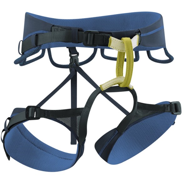 Eco Summit Climbing Harness angled view showcasing padded leg loops and gear loops.