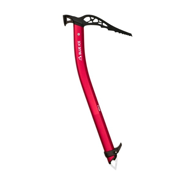 Akila Ultralight Hammer ice axe showing the chromoly steel head and anodized aluminum shaft.