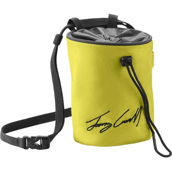 Edelrid TC EcoGrip climbing chalk bag front view showing drawcord closure and fleece lining