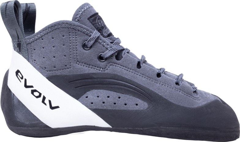 Side angle of Evolv Yosemite Bum LV high top climbing shoes showing adjustable laces and plush synthetic uppers