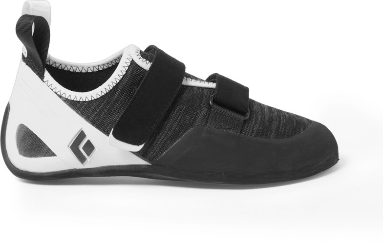 Black Diamond Momentum men's climbing shoes showcasing flexible knit uppers and molded rubber outsoles for grip.