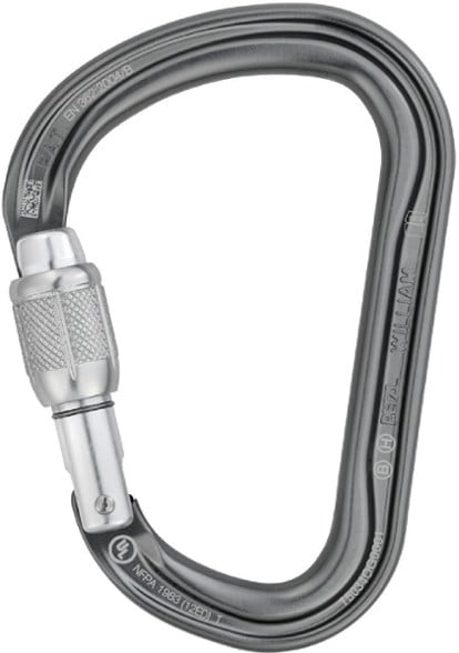 Petzl William Screw Lock Carabiner showcasing its pear shape and locking mechanism.