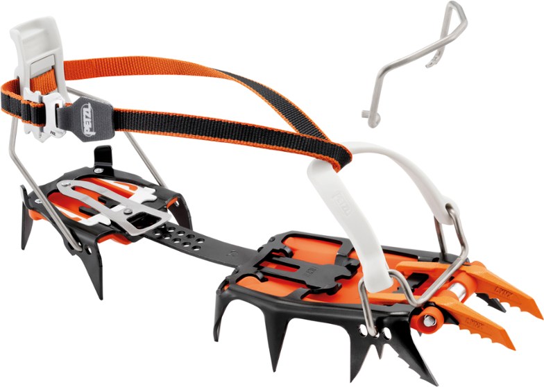 Petzl Lynx Leverlock crampons showing modular front points and binding system.