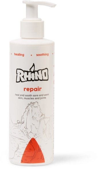 Close-up of Rhino Skin Solutions Muscle Repair Lotion, showcasing the natural ingredients and packaging.