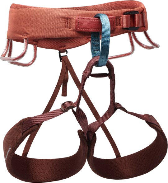 Black Diamond Women's Momentum Climbing Harness showcasing adjustable features and gear loops.