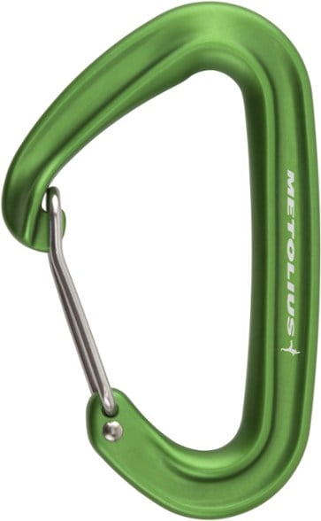 Metolius Bravo II wiregate climbing carabiner from the side, highlighting its lightweight build and flared nose.