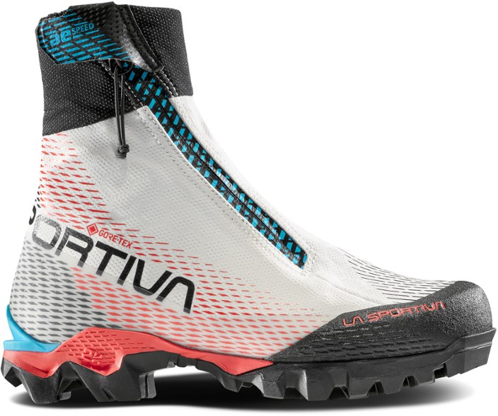 Side view of Aequilibrium Speed GTX women's mountaineering boots showing GORE-TEX waterproof outer layer