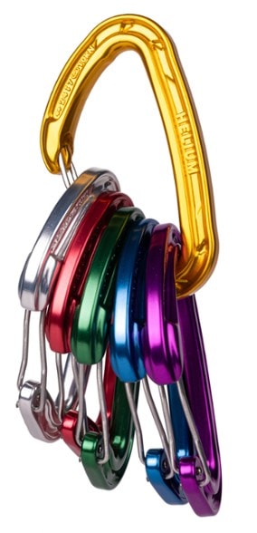 Helium 3.0 Wiregate Carabiner Set in vibrant colors, showcasing the clean-lock feature.