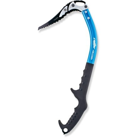 Trango Raptor Pro Ice Axe with a close-up view of the grip and pick, demonstrating its ergonomic design.