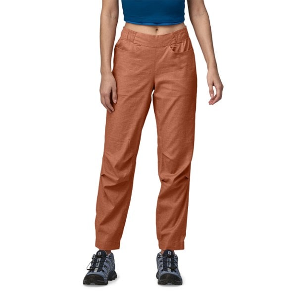 Front view of Patagonia Hampi rock climbing pants for women showing tapered legs and drop-in pockets, perfect women's climbing gear for hot weather