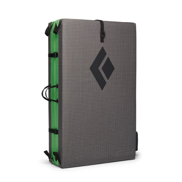 Black Diamond Erratic bouldering crash pad showing the durable grid fabric and reinforced corners.