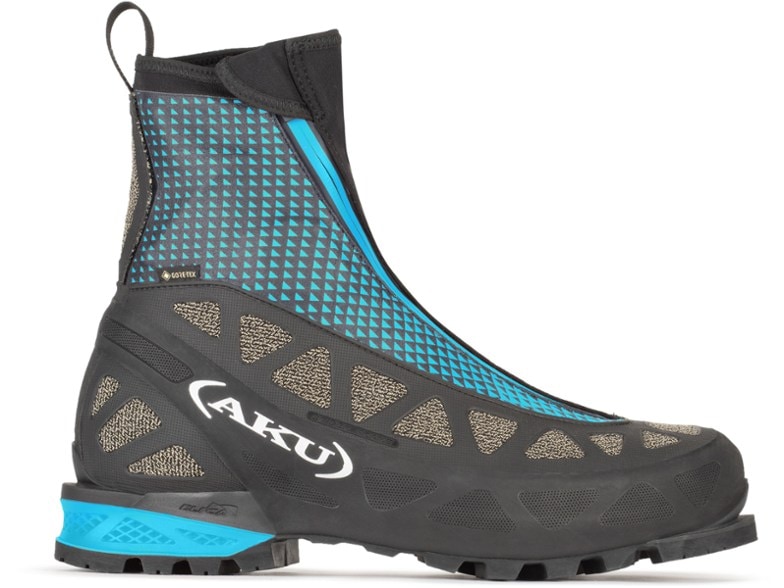 Side view of GlacierStride GTX mountaineering boots showing dual lacing system for adaptive fit