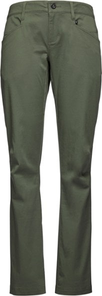 Front view of women's organic cotton hiking pants showing straight leg fit and secure zippered thigh pocket