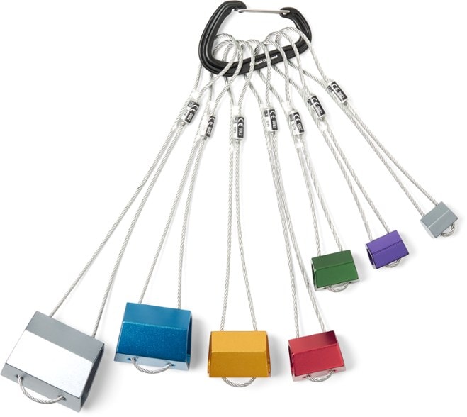 Black Diamond Wired Hex Set displayed with various sizes from #4 to #10 on a climbing rack.