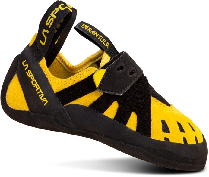 Side view of Tarantula JR kids climbing shoes showing adjustable quick closure straps and sticky rubber sole