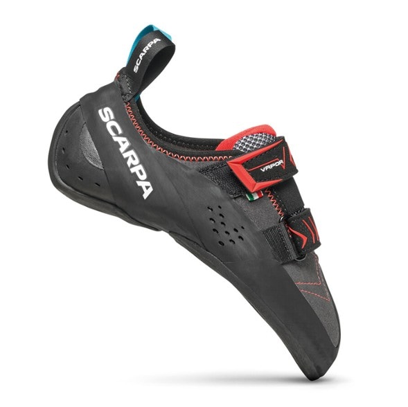 Scarpa Vapor V LV climbing shoes viewed from the side, highlighting the flexible fit and performance design.