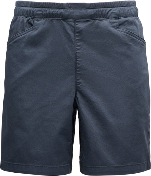 Front view of men's climbing shorts with stretch for climbing, showing pockets and waistband