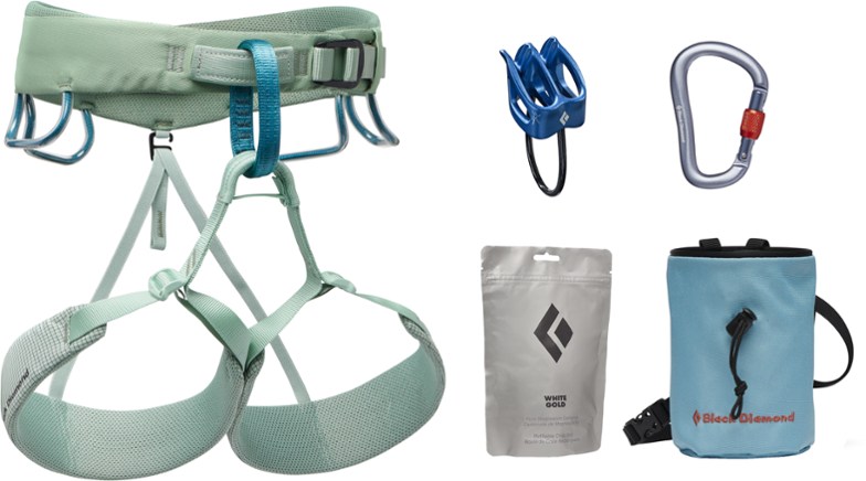 Momentum Women's Climbing Harness Package displayed with essential climbing gear like the ATC-XP belay device and Mojo chalk bag.