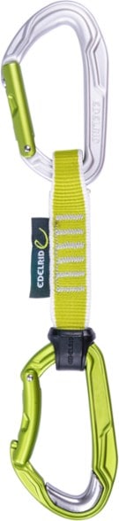 Close-up of Edelrid Bulletproof quickdraw showing steel-reinforced rope-end carabiner