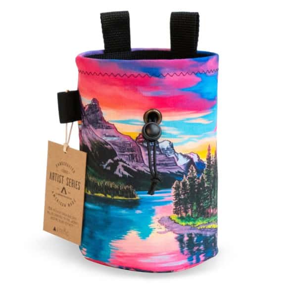 Front view of Jasper Wildfire chalk bag showing colorful artwork and drawstring closure