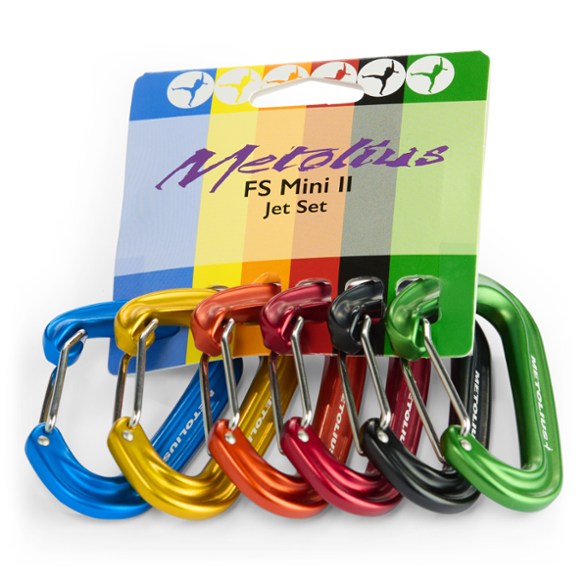 Metolius FS Mini II Carabiners in vibrant blue, yellow, and orange colors, perfect for climbing.