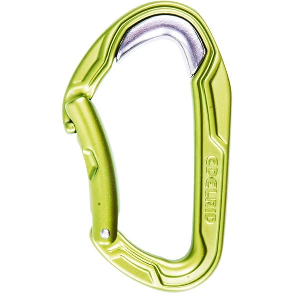 Close-up view of the Edelrid Hybrid Carabiner showcasing its robust steel insert and bent gate design.