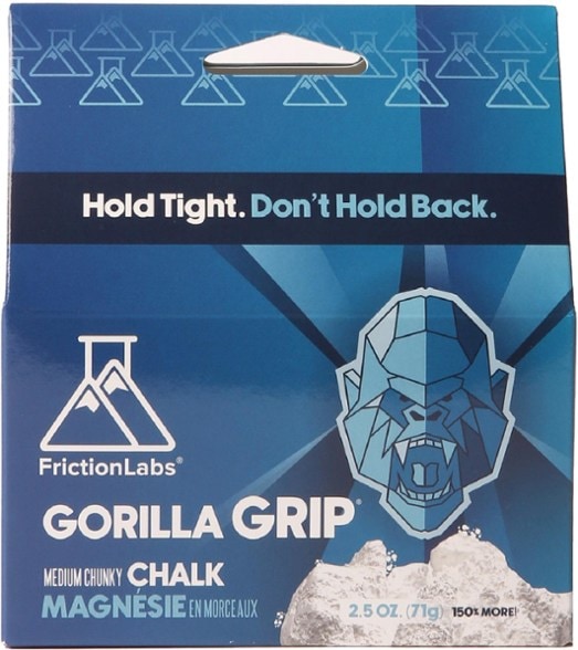 Close-up of FrictionLabs Gorilla Grip Medium Chalk in a chalk bag, emphasizing its chunky texture.