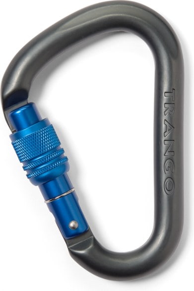 Close-up of the BelayPro HMS screwlock carabiner showing gate clearance and textured screw-lock mechanism