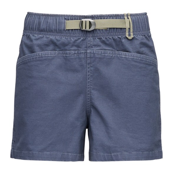 Front view of eco-friendly climbing shorts for women, showcasing pockets and elastic waistband.