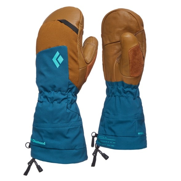 Side view of women's waterproof ski mittens with reinforced goat leather palms and long gauntlet cuff