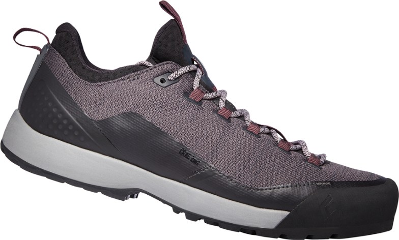 Side view showing socklike fit and breathable EnduroKnit upper of technical hiking footwear