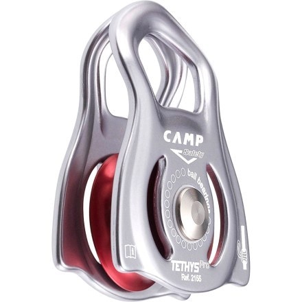 Tethys Pro Ultra-Slim Mobile Climbing Pulley attached to a carabiner for smooth hauling.