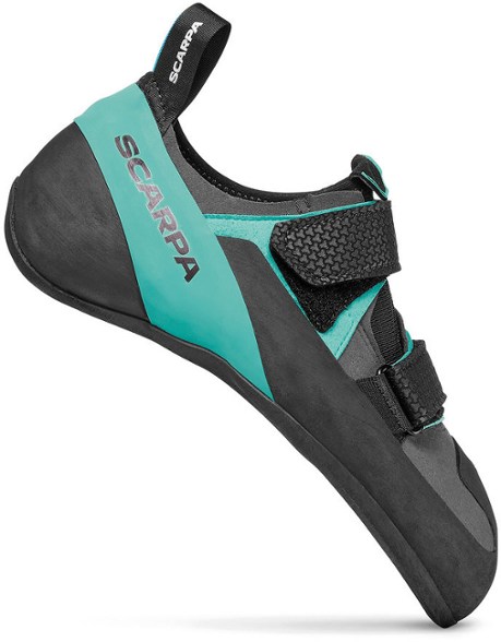 Scarpa Arpia V climbing shoes showing the dual strap design for secure fit.