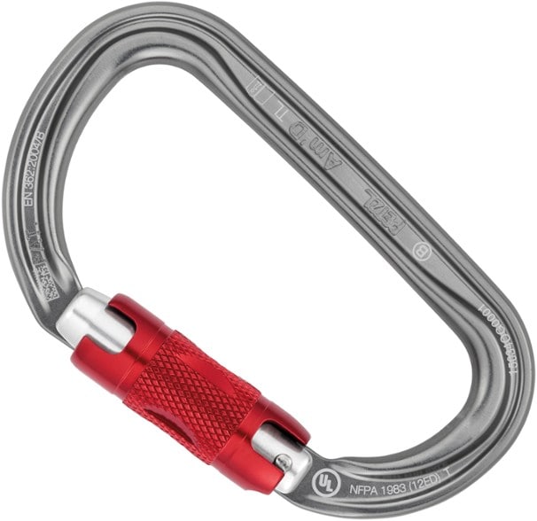 Close-up of Petzl Am'D Twistlock locking carabiner with twistlock mechanism.