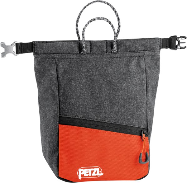 Sakab chalk bucket showing roll-top closure and front pockets for climbing gear.