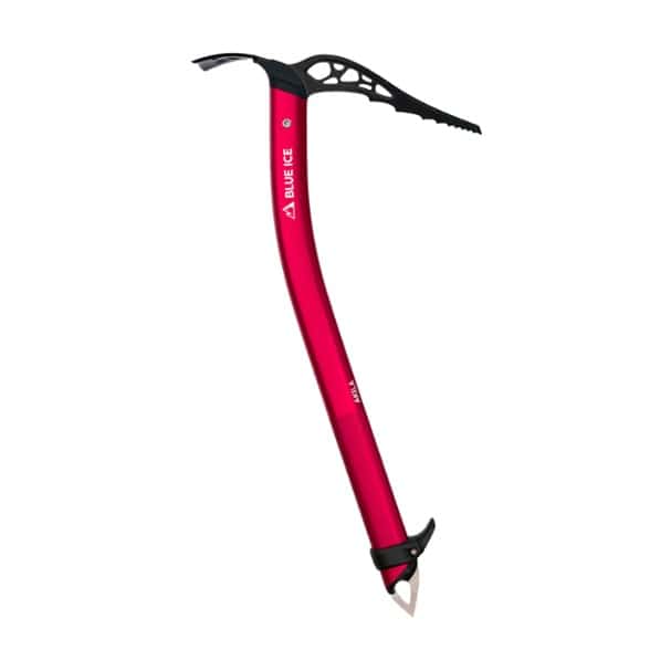Side view of BlueIce Akila Adze ultralight ice axe for alpine climbing with bent shaft and ergonomic adze blade