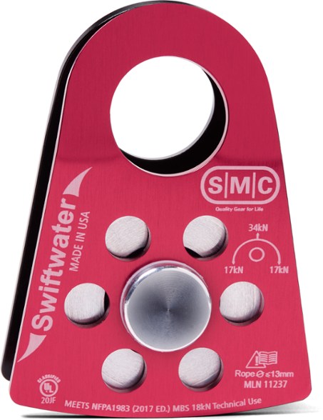 Close-up of the SMC Swiftwater Rescue Pulley highlighting its aluminum construction and side plates.