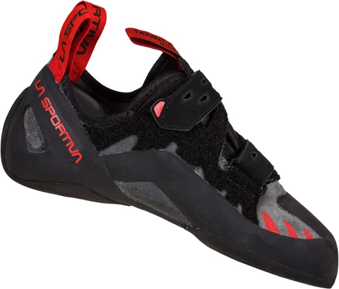 Side view of men's La Sportiva Tarantula Boulder climbing shoes highlighting rubber toe caps and hook-and-loop straps