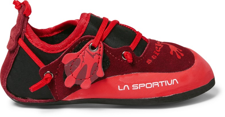 La Sportiva Stickit kids climbing shoes with vibrant frog design, perfect for young climbers.