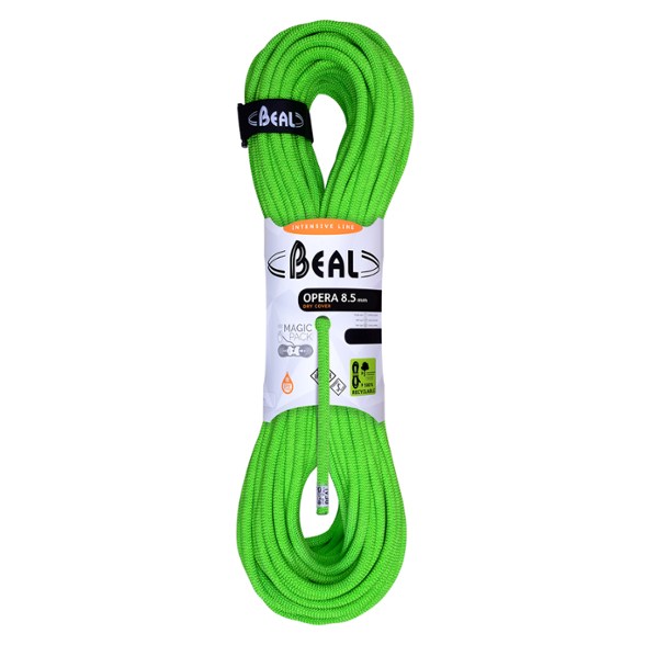 Beal Opera 8.5 mm x 70 m dry climbing rope coiled on a rock surface