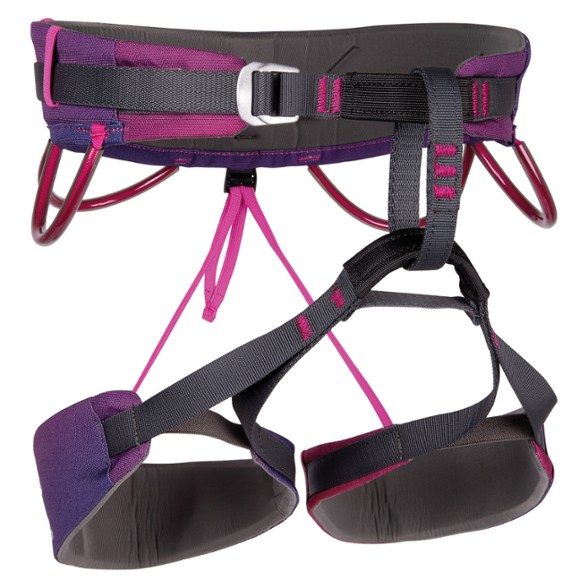 Side view of Janja Pro lightweight climbing harness with gear loops, showing padded waist and leg loops
