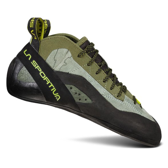 La Sportiva TC Pro climbing shoes showcasing eco-friendly leather and Vibram rubber soles from a side angle.