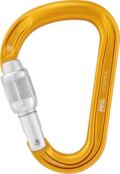 Petzl Attache screw-lock carabiner in use during rock climbing, showcasing its locking mechanism.