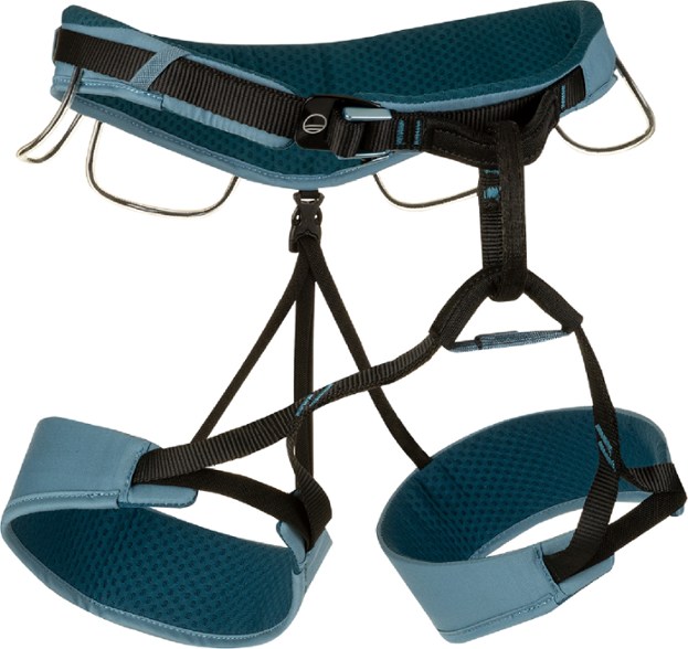 Close-up of the Wild Country Flow 2.0 Women's Climbing Harness highlighting its adjustable buckle and padded waistbelt.