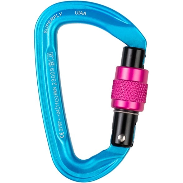 Superfly Evo screwlock carabiner in action during a climb, showcasing its keylock design.