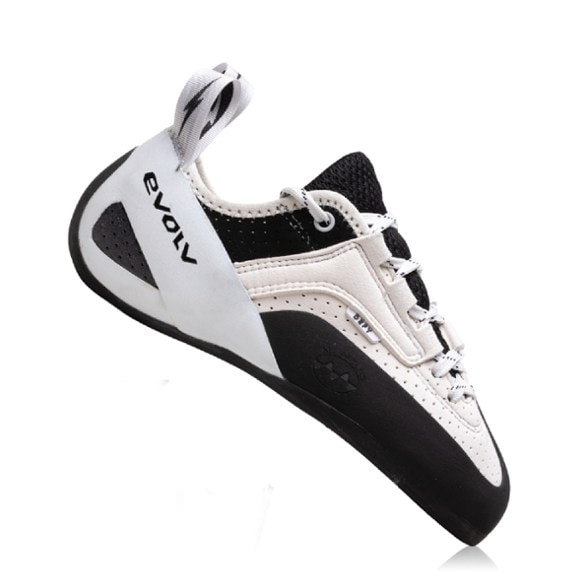 Close-up of Evolv Defy Lace LV Women's Climbing Shoes showing the lace system and synthetic material.
