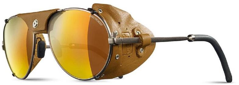 Front view of Julbo Cham Elite Glacier Shield Sunglasses showcasing leather side shields and metal frame