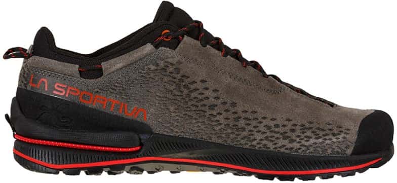 La Sportiva TX2 EVO Leather Approach Shoes side view showing eco nubuck leather and Vibram soles.