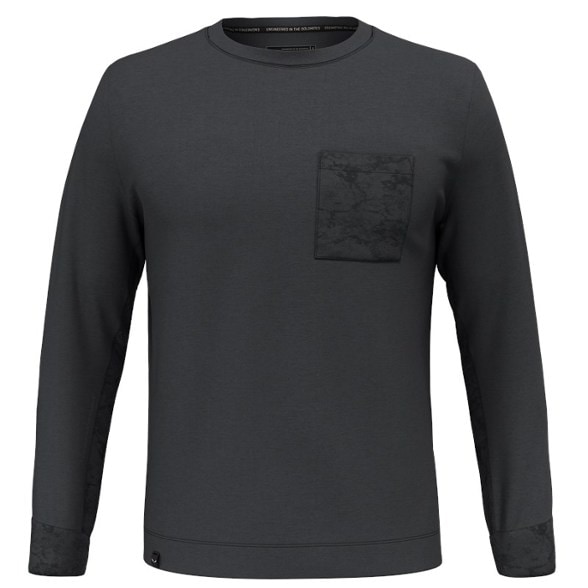 Front view of men's hiking pullover made of durable hemp, showing tie-dye chest pocket and long sleeves
